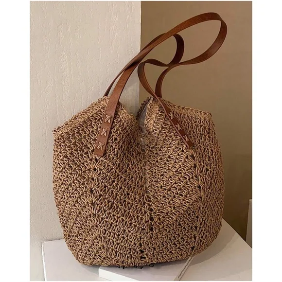 Boho Vegan Leather Strap Minimalist Straw Tote Bag - Picture 1 of 14